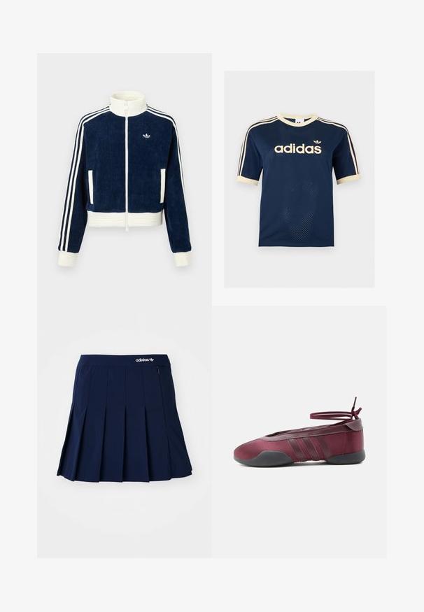 Námornícka kordúrová zipová bunda s bielym rebrovaným golierom a manžetami. Tri biele pruhy na rukávoch a malé logo na hrudi. Dve predné vrecká.; Tmavomodré Adidas sieťované tričko s krátkym rukávom s krémovým lemom, troma krémovými pruhmi na rukávoch a logom Adidas na hrudi.; Námornícky skládací sukňa vyrobená z ľahkého materiálu; má elastický pás a malú zipsovú kapsu, s bielym logom Adidas vpredu.; Burgundské balerínky s čiernou podrážkou, elastickými remienkami na členku zviazanými do mašle a prešívanými detailmi na bokoch, zobrazené z vonkajšej strany.