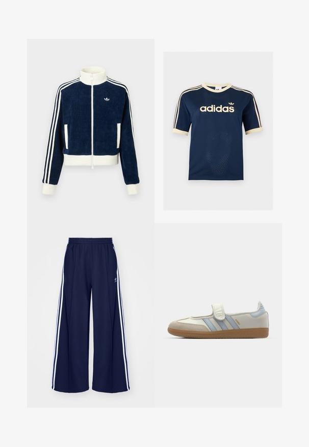 Merihenkinen corduroy-zip-up-takki, jossa on valkoinen ribbikumpparikaulus ja -hihansuut. Kolme valkoista raitaa hihoissa ja pieni logo rinnassa. Kaksi etutaskua.; Laivastonsininen Adidas-verkkopaitapusero, jossa on lyhyet hihat, kerma reunus, kolme kermanväristä raitaa hihoissa ja Adidas-logo rinnassa.; adidas Originals PANT - Verryttelyhousut - night indigo; adidas Originals SAMBA JANE BALLERINA - Ballerinat nilkkaremmillä - cloud white/halo blue
