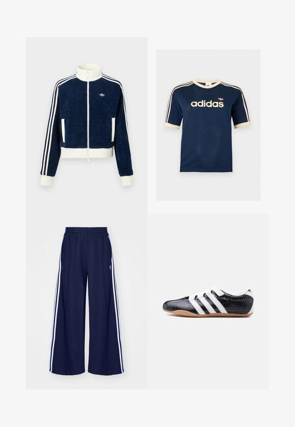 Marineblauwe corduroy ritsjack met witte geribde kraag en manchetten. Drie witte strepen op de mouwen en een klein logo op de borst. Twee voorzakken.; Marineblauw Adidas mesh T-shirt met korte mouwen, crèmekleurige afwerking, drie crèmekleurige strepen op de mouwen en Adidas-logo op de borst.; adidas Originals PANT - Trainingsbroek - night indigo; Zwarte sneaker met witte strepen en klittenbandsluitingen, textuur oppervlak en een zool van gum rubber, zijaanzicht op een witte achtergrond.