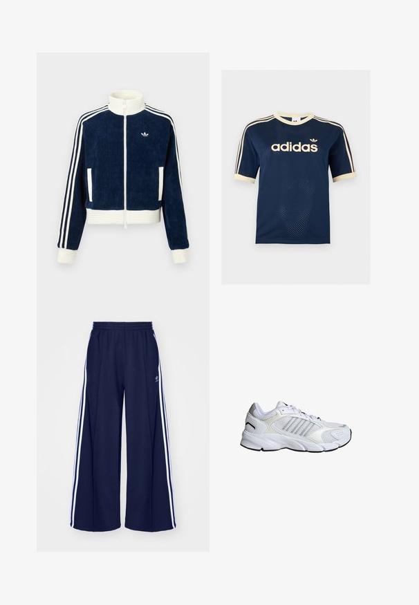 Marineblauwe corduroy ritsjack met witte geribde kraag en manchetten. Drie witte strepen op de mouwen en een klein logo op de borst. Twee voorzakken.; Marineblauw Adidas mesh T-shirt met korte mouwen, crèmekleurige afwerking, drie crèmekleurige strepen op de mouwen en Adidas-logo op de borst.; adidas Originals PANT - Trainingsbroek - night indigo; Witte sportschoen met ademend mesh en synthetische materialen, drie zilveren strepen, een getextureerde rubberen zool en een gevoerde kraag.