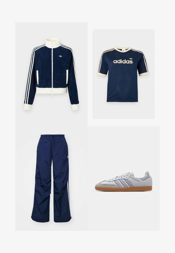 Tumesinine korduroy kapuutsiga jakk valgete ribade ja randmete äärtega. Taskud ees ja kolm valget triibu varrukatel ning väike logo rinnal.; Tumesinine Adidas võrgust lühikeste varrukatega särk kreemika äärisega, kolm kreemikat triipu varrukatel ja Adidas logo rinnal.; Tumesinised, kergekaalulised püksid elastse vöökoha ja nööriga, millel on valged küljeribad ja väike logo ees. Lahtise lõikega.; Valged nahast tossud helesiniste detailidega, hallist suede'ist varvas ja pruun kummitald. Omab kolme sinist triipu ja "Samba" brändimist.