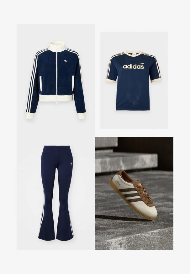 Merihenkinen corduroy-zip-up-takki, jossa on valkoinen ribbikumpparikaulus ja -hihansuut. Kolme valkoista raitaa hihoissa ja pieni logo rinnassa. Kaksi etutaskua.; Laivastonsininen Adidas-verkkopaitapusero, jossa on lyhyet hihat, kerma reunus, kolme kermanväristä raitaa hihoissa ja Adidas-logo rinnassa.; Tummansinisiä liehuvia legginssejä, jotka on valmistettu joustavasta kankaasta. Niissä on valkoiset sivu raidat ja pieni logo edessä. Pintakuvio on sileä.; Valkoinen ja ruskea Adidas Gazelle -tennari kuminauhapohjalla kelluu kivisten portaiden ja maan yllä ulkoilmassa.
