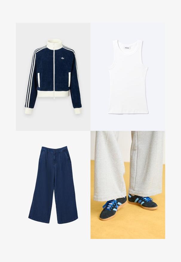 Chaqueta de pana azul marino con cierre y cuello y puños de canalé blancos. Tres rayas blancas en las mangas y pequeño logo en el pecho. Dos bolsillos frontales.; Camiseta sin mangas blanca con textura de canalé, cuello redondo y una pequeña etiqueta que dice "WEEKDAY" en el interior del cuello.; Pantalones vaqueros de pierna ancha en azul oscuro. Presentan dos bolsillos frontales, un cierre de botón y una textura suave con una tela ligera.; Zapatillas de ante negras y azules con cordones azules y acentos a rayas, combinadas con pantalones de pierna ancha gris claro, sobre un suelo amarillo.