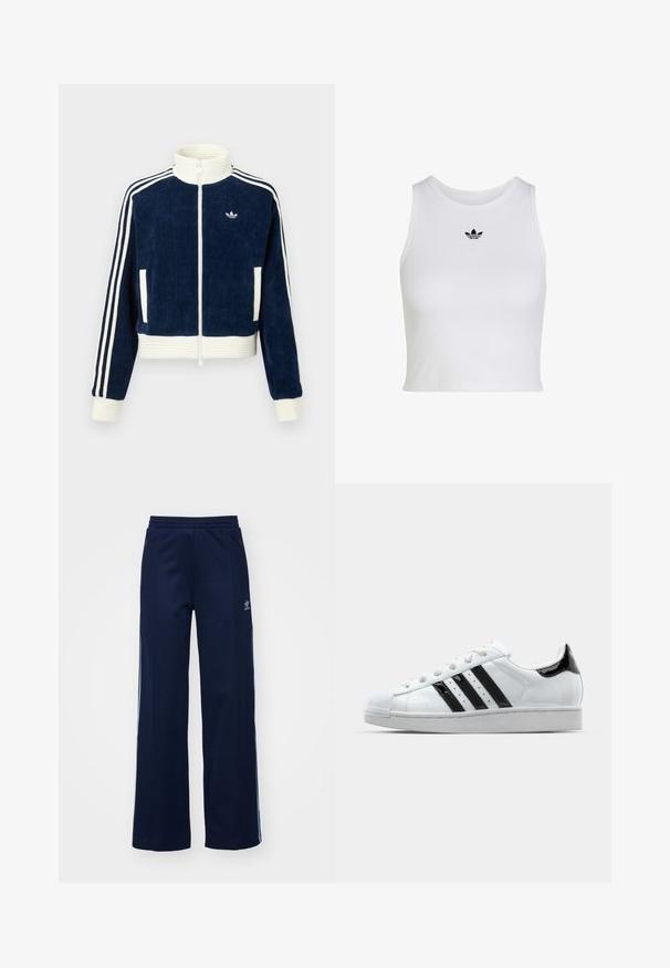 Marineblauwe corduroy ritsjack met witte geribde kraag en manchetten. Drie witte strepen op de mouwen en een klein logo op de borst. Twee voorzakken.; Witte mouwloze crop top met ronde hals en klein zwart Adidas trefoil-logo, gecentreerd onder de kraag.; Marineblauwe katoenen joggingsbroek met een brede pijpdesign, elastische tailleband en ritszakken, voorzien van witte zijstrepen en logo-detail.; Witte sneaker met zwarte gepatineerde accenten, drie zwarte strepen en een rubberen neuzenkap. Voorzien van witte veters en een gladde bovenkant.