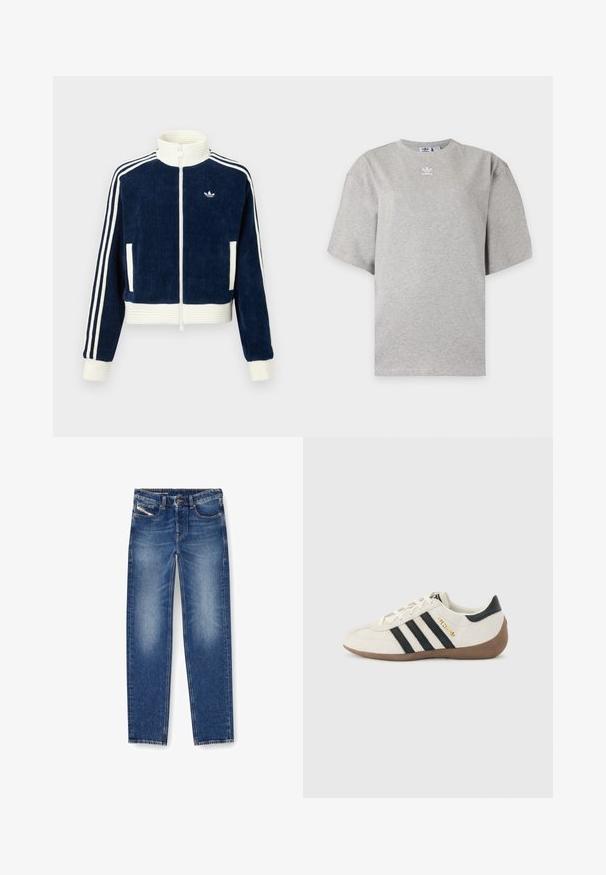 Merihenkinen corduroy-zip-up-takki, jossa on valkoinen ribbikumpparikaulus ja -hihansuut. Kolme valkoista raitaa hihoissa ja pieni logo rinnassa. Kaksi etutaskua.; Vaaleanharmaa Adidas lyhythihainen t-paita pyöreällä kaula-aukolla ja pienellä valkoisella Adidas-logolla rinnassa, esitetty yksivärisellä taustalla.; Farkut keskisinisessä sävyssä, jossa on kulunut pinta. Varustettu viidellä taskulla, vyölenkeillä ja suoranlahkeisella leikkauksella. Ompeleet korostuvat.; Valkoinen Adidas-tennari mustilla raidoilla, ruskealla teksturoidulla pohjallisella ja sivussa olevalla "SPEZIAL"-kultakirjoituksella, nähtynä ulkopuolelta.