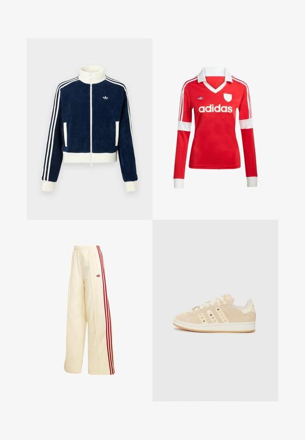 Marineblauwe corduroy ritsjack met witte geribde kraag en manchetten. Drie witte strepen op de mouwen en een klein logo op de borst. Twee voorzakken.; Rode lange mouwen voetbalshirt met een witte kraag en manchetten. Heeft drie witte strepen op de schouders en het "adidas" logo prominent weergegeven.; Crèmekleurige wijde trainingsbroek met rode zijstrepen, elastische tailleband, ritssluitingzak en rood Adidas-logo op de dij.; adidas Originals CAMPUS 00S W - Sneakers laag - sand strata/cream white/gold-coloured