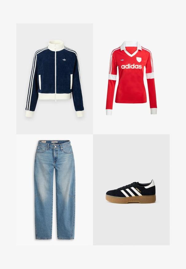 Marineblaues Cord-Jacke mit Reißverschluss, weißem Rippkragen und -bündchen. Drei weiße Streifen an den Ärmeln und kleines Logo auf der Brust. Zwei Vordertaschen.; Rotes Fußballtrikot mit langen Ärmeln, weißem Kragen und weißen Ärmelbündchen. Es hat drei weiße Streifen auf den Schultern und das "adidas"-Logo ist auffällig platziert.; Hellblaue Jeans aus Denim mit lockerem Schnitt, geradem Bein, Knopfleiste und Fünf-Taschen-Stil sowie dezenten Verblassungen und Ziernähten.; Schwarzer Wildledersneaker mit weißen drei Streifen und goldfarbenem Logo. Gummisohle mit strukturiertem Grip. Klassisches Low-Top-Design, abgerundete Zehenkappe.