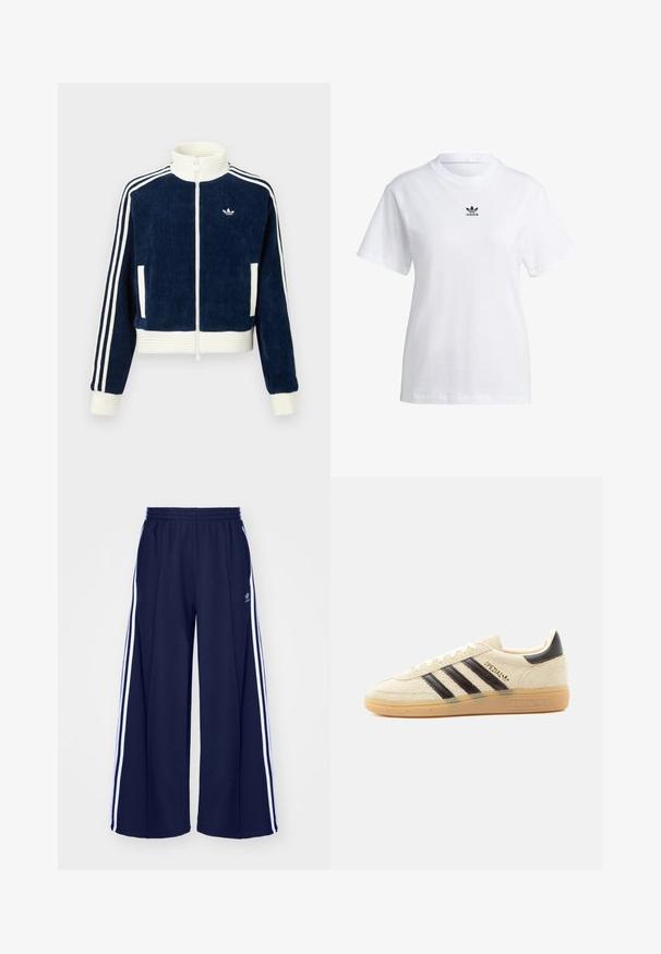 Mørkeblå kordfløjls lynlåsjakke med hvid ribbet krave og manchetter. Tre hvide striber på ærmerne og lille logo på brystet. To frontlommer.; adidas Originals REGULAR FIT - T-shirts basic - white; adidas Originals PANT - Træningsbukser - night indigo; Kremfarvet ruskindssneaker med sorte striber, gummisål, sort hælstrop og gyldent "SPEZIAL"-tekst på siden.