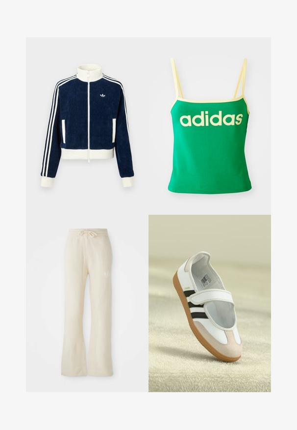 Merihenkinen corduroy-zip-up-takki, jossa on valkoinen ribbikumpparikaulus ja -hihansuut. Kolme valkoista raitaa hihoissa ja pieni logo rinnassa. Kaksi etutaskua.; Vihreä tankkitoppi keltaisilla yksityiskohdilla, valmistettu joustavasta materiaalista. Edessä on suuri keltainen "adidas"-logo ja ohuet olkaimet.; Housut kermanväriset, pehmeätekstuuriset, joissa on kiristettävä vyötärö ja levenevät lahkeet. Huomaamaton logo yksityiskohta vasemmalla lonkalla.; Valkoinen kenkä, jossa on vaaleanpunainen mokkanokka, mustat raidat ja tarranauha. Varustettu ruskealla kumipohjalla ja logolla sivussa.