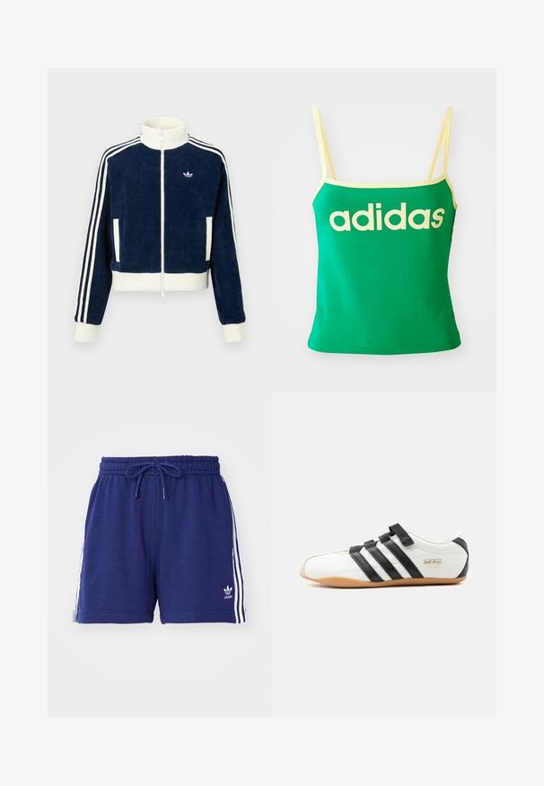 Marineblauwe corduroy ritsjack met witte geribde kraag en manchetten. Drie witte strepen op de mouwen en een klein logo op de borst. Twee voorzakken.; Groene tanktop met gele accenten, gemaakt van rekbaar materiaal. Heeft een groot geel "adidas" logo over de voorkant en dunne banden.; Marineblauwe sportshorts met een trekkoord in de taille, voorzien van witte zijkanten en een geborduurd logo aan de onderkant links. Zachte stoftextuur.; Witte Adidas Tokyo sneaker met zwarte strepen, zwarte klittenbandsluitingen en een gumzool, zijaanzicht op een witte achtergrond.