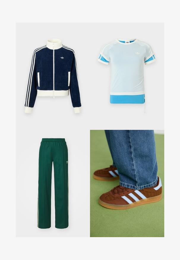 Chaqueta de pana azul marino con cierre y cuello y puños de canalé blancos. Tres rayas blancas en las mangas y pequeño logo en el pecho. Dos bolsillos frontales.; Camiseta deportiva azul claro con detalles blancos y paneles laterales azules. Presenta un cuello redondo y mangas cortas, hecha de tela suave.; Pantalones deportivos de color verde oscuro con un corte relajado, que cuentan con una cintura con cordón, bolsillos laterales y franjas color crema a lo largo de los costados.; Zapatillas Adidas marrones con rayas blancas y suelas de goma, combinadas con jeans azules sobre una alfombra verde.