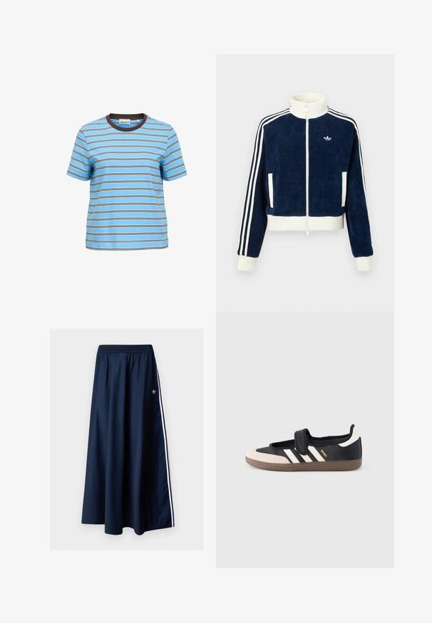 Veste zippée en velours côtelé marine avec col et poignets côtelés blancs. Trois bandes blanches sur les manches et un petit logo sur la poitrine. Deux poches avant.; T-shirt bleu clair à manches courtes avec fines rayures horizontales blanches et marron, et un col rond marron foncé.; Jupe longue bleu marine avec ceinture élastique, deux bandes blanches sur les côtés et un petit logo Adidas blanc sur le côté gauche.; Baskets noires et beiges avec une bride en velcro, trois bandes blanches sur le côté, et une semelle en caoutchouc marron texturée. Logo de la marque visible.