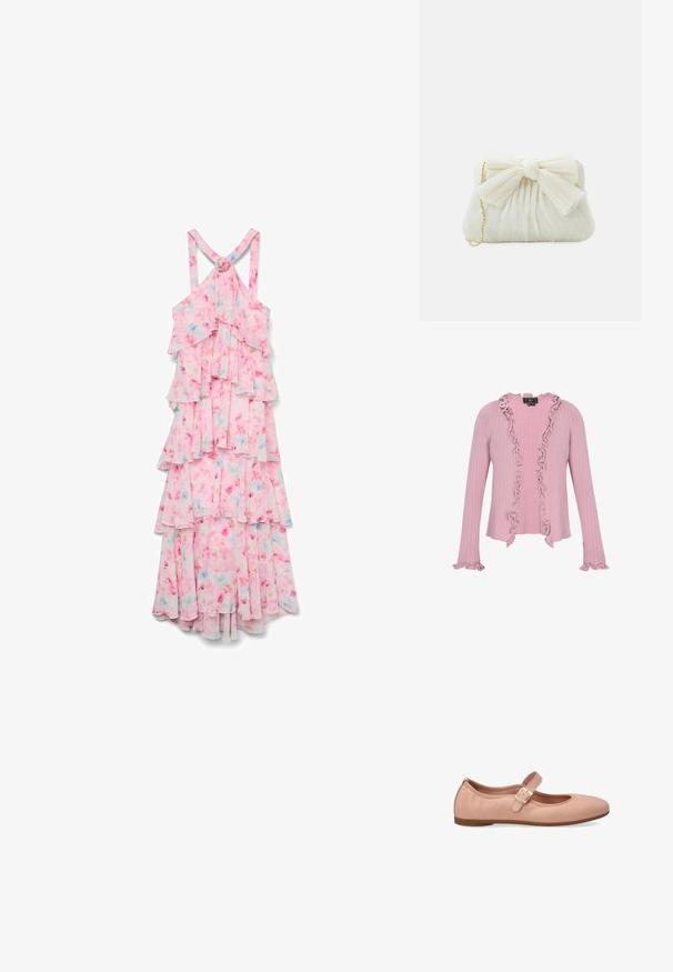 Rosa ribbet cardigan med en rynket kant langs udskæringen og manchetterne. Lange ærmer med en tætsiddende design. Blød tekstur.; Vero Moda VMFELICIA SL RUFFLE MAXI DRESS EXP - Maxikjoler - pink tulle; Lyserøde læderballetsko med rund tå og en enkelt justerbar spændeoverdel henover buen. Flad gummisål. Glat tekstur.; Hvid plisseret clutch-taske med en fremtrædende sløjfedetalje og en guldkædetras. Blød tekstur med et samlet design på forsiden.