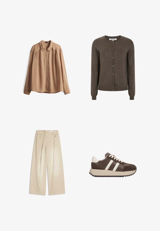 Soft Rebels SRMARLA CARDIGAN KNIT - Vest - coffee quartz melange; Beige overhemd met knoopsluiting, kraag, lange mouwen en een relaxte pasvorm. Gemaakt van een gladde stof met subtiele textuur en centrale knoopsluiting.; Beige broek met wijde pijpen, voorzakken, riemlussen en een hoge taille, plat neergelegd op een witte achtergrond.; Bruine leren en suede sneaker met witte strepen, ronde neus, gestructureerde zool, vetersluiting aan de voorkant en crèmekleurige accenten.