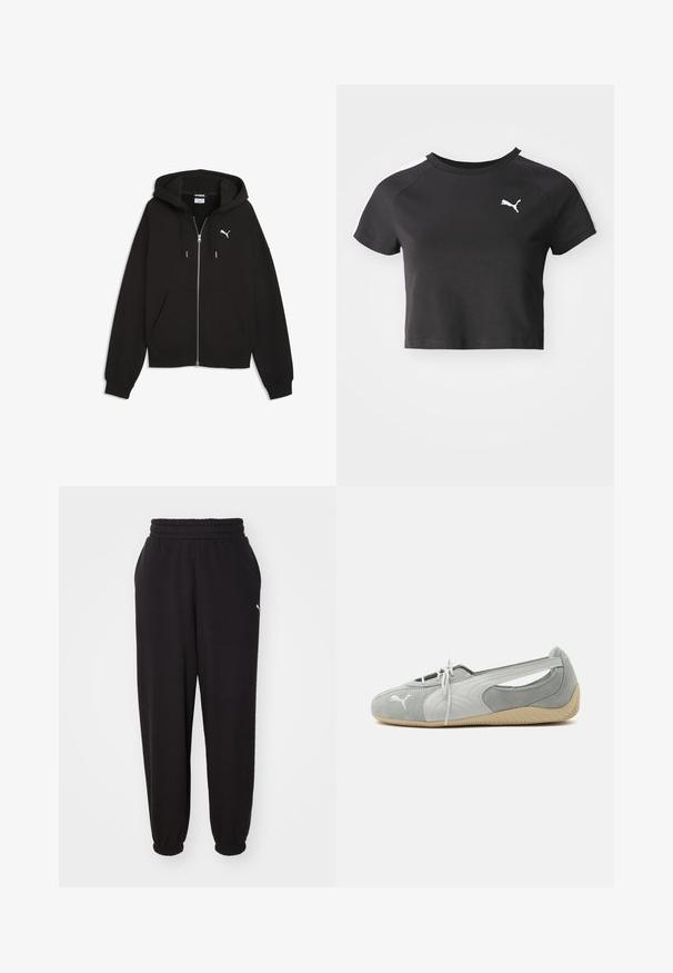 Sudadera con capucha negra con cremallera, bolsillos delanteros, capucha con cordón y logo blanco de Puma en el pecho izquierdo sobre un fondo blanco.; Camiseta negra corta de algodón, con un cuello redondo, mangas raglán cortas y un logo blanco de Puma en el lado izquierdo del pecho.; Pantalones de chándal negros hechos de tela suave, con cinturilla acanalada y tobillos ajustados. Incluye un pequeño logotipo en el costado.; Zapato plano de ante Puma gris claro con logo blanco, cordones delanteros, laterales recortados y suela beige texturizada, mostrado desde el lado exterior.