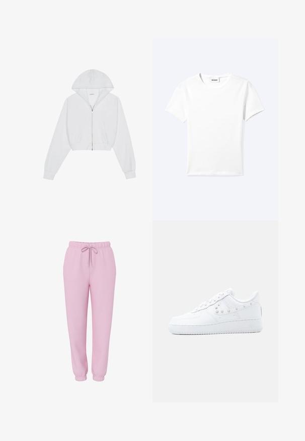 Witte cropped hoodie met een ritssluiting aan de voorkant, lange mouwen, zijzakken en een capuchon. Gemaakt van zachte stof met een gladde textuur.; Effen wit T-shirt met korte mouwen en ronde hals met een klein "WEEKDAY" label aan de binnenkant van de hals, plat neergelegd op een lichte achtergrond.; Lichtroze joggingsbroek met elastische tailleband, trekkoord, zijzakken en elastische boorden, afgebeeld op een witte achtergrond.; Witte Nike Air Force 1 sneaker met gespikkelde Swoosh-detail en dikke zool, afgebeeld tegen een effen lichtgrijze achtergrond.