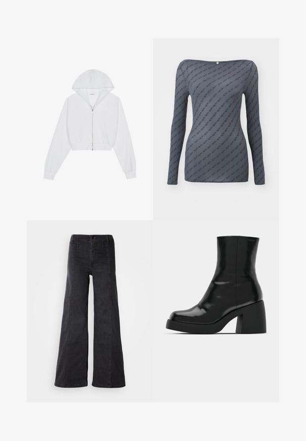 Weißes, kurzes Hoodie mit einem Frontreißverschluss, langen Ärmeln, seitlichen Taschen und einer Kapuze. Hergestellt aus weichem Stoff mit glatter Textur.; Graues Langarmoberteil mit taillierter Form, das ein sich wiederholendes Logo-Muster und einen weiten Halsausschnitt aufweist, hergestellt aus einem glatten, leichten Stoff.; Schwarze Denim-Jeans mit weitem Bein und hoher Taille, ausgestattet mit Fronttaschen und minimalen Nahtdetails. Der Baumwollstoff sorgt für eine glatte Textur.; Schwarze Stiefeletten mit glänzender Oberfläche, quadratischer Zehenpartie und dicker Blockabsatz. Das Design zeichnet sich durch eine nahtlose Silhouette und minimalistische Markenkennzeichnung aus.