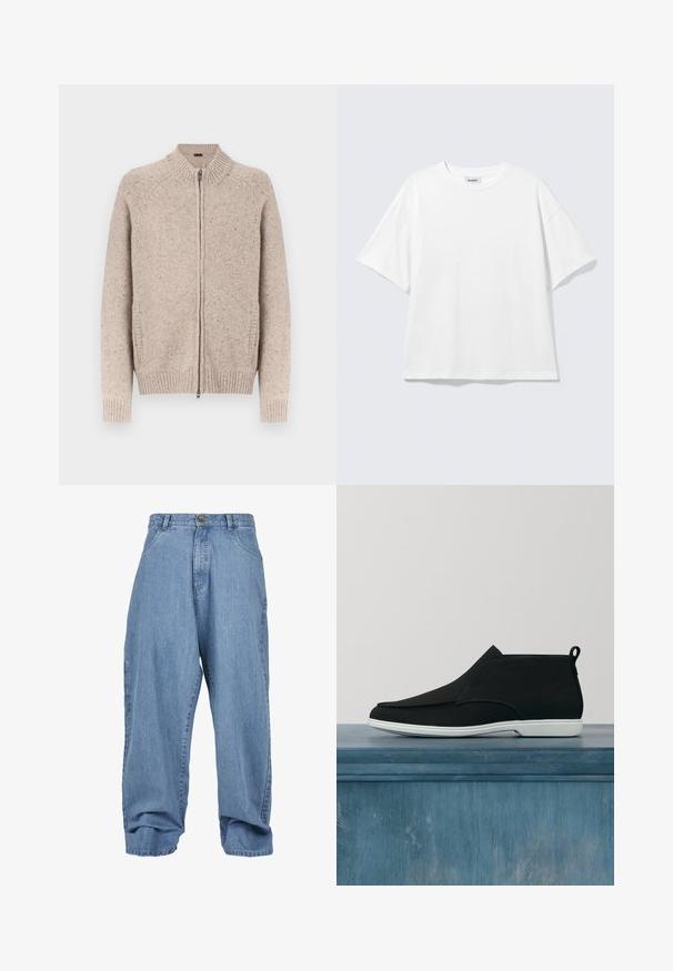Beige strikket cardigan med høj krave, lynlås, ribstrikkede ærmegab og kant, med et tekstureret stof med prikker over det hele.; Hvid oversized t-shirt med korte ærmer og rund halsudskæring med sænkede skuldre, fladt lagt på lys grå baggrund.; Lysblå denimbukser med løst fit, knaplukning, forlommer og cuffed kant, der har et klassisk fem-lomme design.; Sorte lædersko med hvide såler, med en slip-on-design og minimal syning, der viser en glat tekstur og strømlinet silhuet.