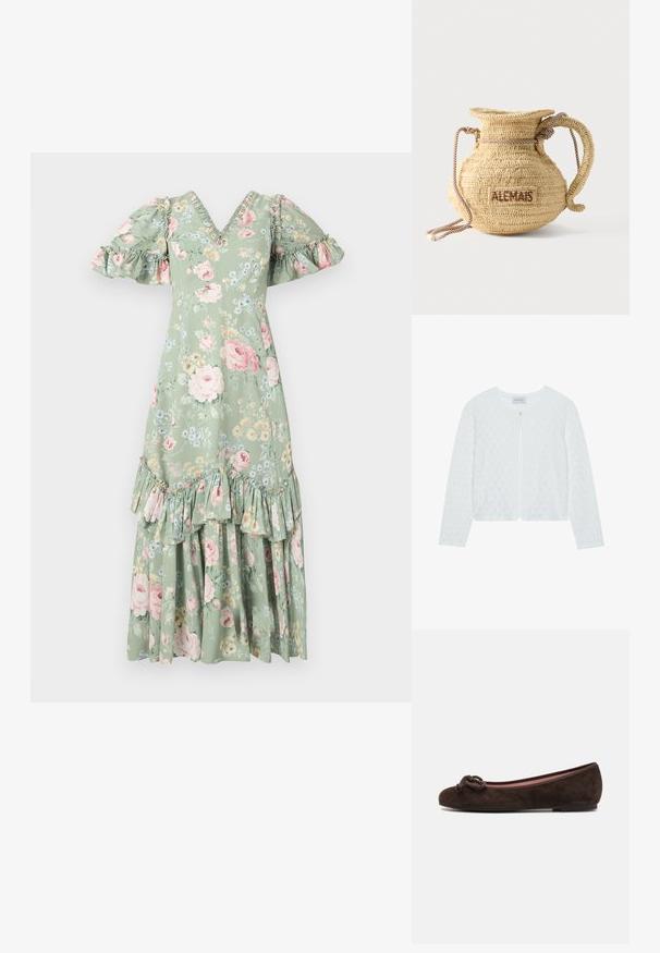 Cardigan en tricot blanc avec un motif texturé, col rond, manches longues et une fermeture à un bouton à l'avant.; Robe maxi florale en vert doux avec un décolleté en V, des manches bouffantes, des accents en volants et un ourlet à plusieurs niveaux. Présente des roses roses et de petites fleurs bleues.; Pretty Ballerinas Ballerines - brown; Sac à main rond en paille tissée avec une anse en corde et "ALEMAIS" brodé sur le côté en fil marron.