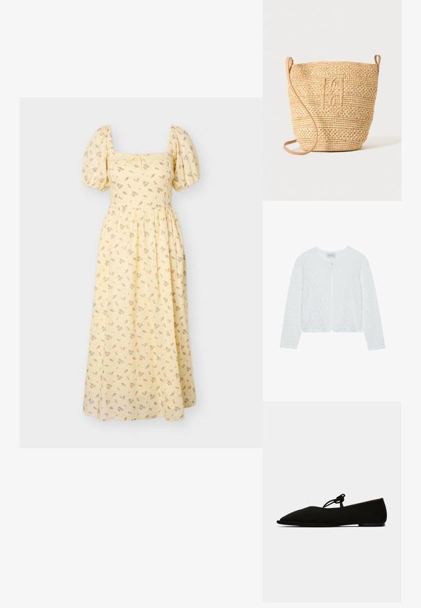 Hvid strikket cardigan med et tekstureret mønster, rund halsudskæring, lange ærmer og en enkelt knaplukning foran.; Gul midi-kjole med pufærmer, firkantet udskæring, delikat blomsterprint og rynket talje.; Sort ruskind flad sko med spids snude, der har et lille bundet snøredetalje. Minimalistisk design med flad sål og uden pynt.; Vævet stråbuckettaske med struktureret mønster og læderrem, vist oprejst på en ensfarvet lys baggrund.