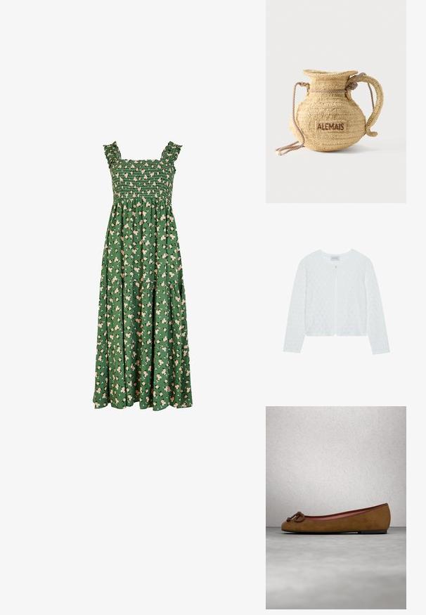 Cardigan en tricot blanc avec un motif texturé, col rond, manches longues et une fermeture à un bouton à l'avant.; Robe maxi verte avec un corsage smocké, des bretelles froncées, et un motif floral avec des fleurs roses claires. Comprend un design de jupe à volants.; Ballerine en suède marron avec un bout arrondi, présentant un détail noué à l'avant, un fin liseré rouge et une semelle plate noire.; Sac à main rond en paille tissée avec une anse en corde et "ALEMAIS" brodé sur le côté en fil marron.