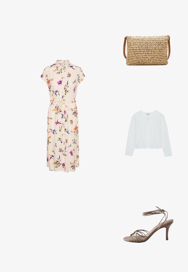 Cárdigan blanco de punto con un patrón texturizado, escote redondo, mangas largas y un cierre de un solo botón en el frente.; Vestido floral con cuello camisero y mangas cortas, confeccionado en una tela crema adornada con flores de colores y con una cintura atada para un mejor ajuste.; Sandalia marrón de tacón alto con tiras que se atan al tobillo y correas finas cruzando el dedo y el talón, mostrada sobre un fondo blanco.; Bolso de paja trenzada tipo bandolera con una correa de cuero marrón; forma rectangular; superficie texturizada; color natural con un patrón de tejido ajustado.