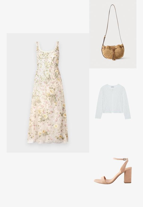 Biely pletený kardigán s textúrovaným vzorom, okrúhlym výstrihom, dlhými rukávmi a jedným gombíkom na zapínanie vpredu.; Needle & Thread FLORINE SCOOP NECK BALLERINA DRESS - Oblečenie na špeciálnu príležitosť - cream; Svetlo ružová semišová sandála na opätku s členkovým remienkom, otvorenou špičkou a blokovým opätkom. Má hladkú štruktúru a minimalistický dizajn.; Malá béžová pletená kabelka na rameno s nastaviteľným hnedým koženým remienkom a prednou koženou šnúrkou, visiaca na bielom pozadí.