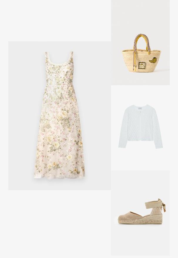 Valge kootud kardigan, millel on tekstuuriga muster, ümmargune kaelus, pikad varrukad ja ees ühe nööbiga kinnitus.; Needle & Thread FLORINE SCOOP NECK BALLERINA DRESS - Pidulikud riided - cream; Beež espadrill, millel on kangas ülaserv, tekstureeritud kootud kand ja punutud jutusool; omab seotud pahklustrapid, et tagada kindel istuvus.; Kootud õlekott punutud kollaste ja beežide käepidemetega, esiküljel kaunistatud banaani plaastri ja väikese raamidega kalade kujundusega.