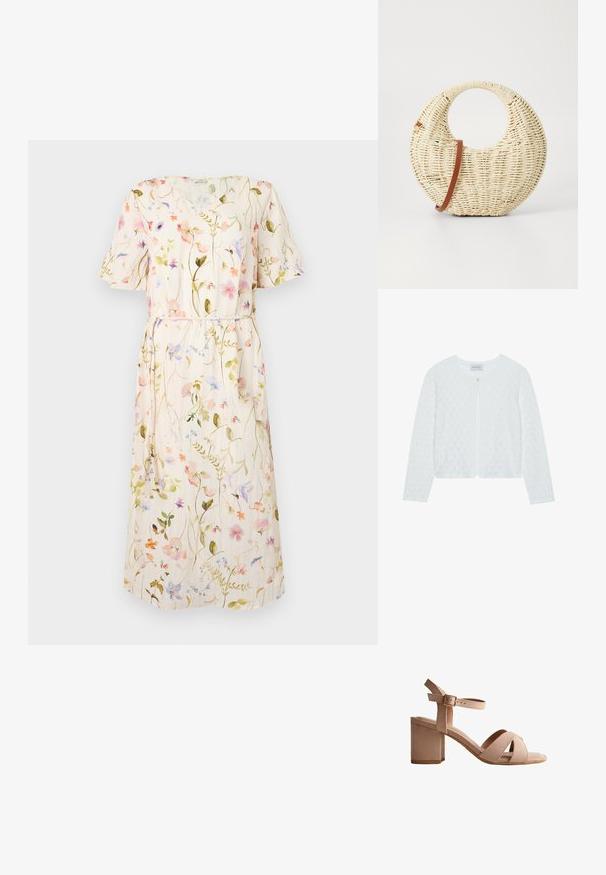 Hvid strikket cardigan med et tekstureret mønster, rund halsudskæring, lange ærmer og en enkelt knaplukning foran.; Blomstret kjole med korte ærmer, lys beige stof med flerfarvede blomster mønstre, taljebind, knælangt design.; Beige ruskind åben tå-sandal med blokhæle, krydsremme over tæerne og justerbar ankelrem med guldbeslag.; Rund flettet taske i naturligt strå med en tekstureret overflade. Har en glat brun læderrem og et cirkulært håndtag.