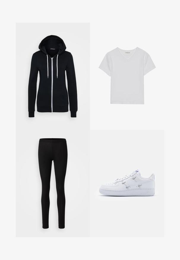 Haut à capuche zippé noir avec cordons blancs, manches longues et poche avant. Fabriqué en tissu doux avec une texture lisse.; T-shirt blanc à manches courtes en V, en tissu côtelé. Présente un design épuré avec un ourlet droit et un minimum de détails.; Leggings noirs en tissu doux et extensible. Ils ont une coupe ajustée avec une taille élastique et une texture lisse et mate.; Nike Sportswear AIR FORCE 1 - Baskets basses - white/hyper royal/black