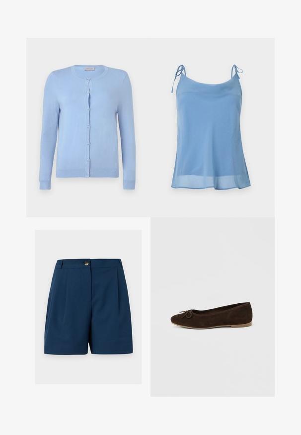 Cardigan en maille bleu clair avec encolure ronde, manches longues et sept boutons nacrés sur le devant, étiquette indiquant "Anna Field".; Haut caraco en mousseline bleu clair sans manches avec bretelles fines à nouer et ourlet légèrement évasé sur fond blanc.; Shorts bleu marine sur mesure avec plis avant, passants pour ceinture et fermeture à bouton doré à la taille.; Ballerines en daim marron avec un bout arrondi, un petit nœud décoratif à l'avant et une semelle plate beige. Design simple et minimaliste.