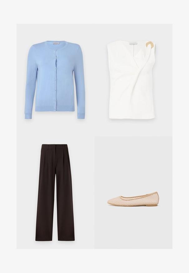 Lyseblå strikket cardigan med rund halsudskæring, lange ærmer og syv perle-lignende knapper foran, label mærket "Anna Field."; Ærmeløs hvid bluse med en indpakningsdesign, der har en guldfarvet dekorativ ringdetalje på den højre skulder.; Mørkebrune bukser med vide ben, plisseringer og bæltestropper, med lynlås foran og ren kant mod en ensfarvet baggrund.; Balletflade med spids tå, lavet af vævet beige materiale, med en fleksibel sål og en glat kant.