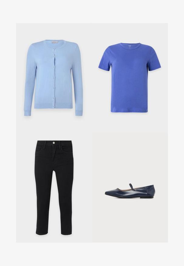 Cardigan en maille bleu clair avec encolure ronde, manches longues et sept boutons nacrés sur le devant, étiquette indiquant "Anna Field".; T-shirt bleu uni à manches courtes et col rond présenté sur fond blanc.; Jean slim noir avec poches avant, passants de ceinture et fermeture par bouton sur un fond gris clair.; Chaussure plate en cuir bleu marine avec bout pointu et une fine bride sur le dessus du pied, vue de côté sur fond blanc.