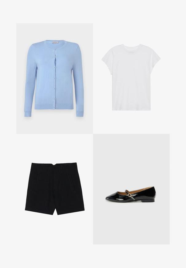 Lyseblå strikket cardigan med rund halsudskæring, lange ærmer og syv perle-lignende knapper foran, label mærket "Anna Field."; Hvid kortærmet t-shirt med rund hals, afslappet pasform, lavet af blødt bomuldsstof. Glat tekstur, ingen mønstre eller logoer.; Sorte shorts lavet af et glat stof, der har sidelommer, en skræddersyet pasform og strukturerede læg foran for en ren silhuet.; Sorte patenterede lædersko med spids tå, ankelrem med en guldfarvet spænde og en lav blokhæle. Glat, skinnende overflade.
