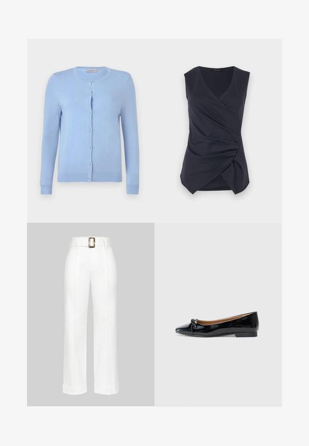 Lichtblauw gebreid vest met ronde hals, lange mouwen en zeven parelachtige knopen aan de voorkant, label met de tekst "Anna Field".; Mouwloze donkerblauwe wikkeltop met V-hals en geplooide drapering aan de voorrand, gelabeld Anna Field.; Witte brede broekspijpen met een ceintuur, voorzien van gestikte details en omgeslagen boorden, gemaakt van een soepele stof.; Zwarte gepatineerde ballerina's met een spitse neus, een klein strikdetail aan de voorkant en een lage, vierkante hak. Glad, glanzend oppervlak.