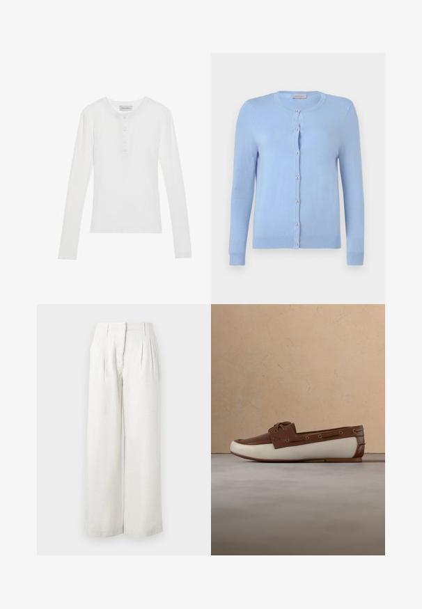 Lyseblå strikket cardigan med rund halsudskæring, lange ærmer og syv perle-lignende knapper foran, label mærket "Anna Field."; Hvid langærmet skjorte med ribbet tekstur, rund halsudskæring, tre-knaps placket og blødt stof. Mærkets label er synlig ved kraven.; Lysebeige bukser med vide ben lavet af en struktureret stof, der har forreste læg og en høj talje. Glat overflade med minimale detaljer.; Brun læderloafer med cremefarvet sål og snøredetaljer, der svæver over et beige tæppe og en sofa i et rum med neutrale farvetoner.