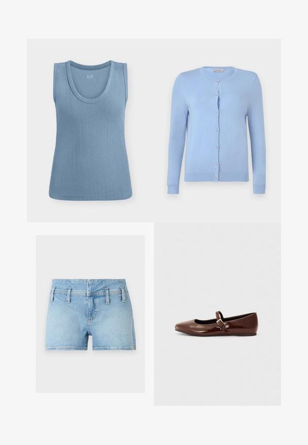 Cardigan en maille bleu clair avec encolure ronde, manches longues et sept boutons nacrés sur le devant, étiquette indiquant "Anna Field".; Haut bleu côtelé sans manches avec encolure ronde, présenté à plat sur fond blanc.; Short en denim bleu clair avec passants de ceinture, fermeture éclair à l'avant et coutures doubles, posé à plat sur un fond neutre.; Ballerine en cuir verni marron avec un bout carré et une lanière ornée d'une petite boucle dorée. Texture lisse, talon bas et design minimaliste.