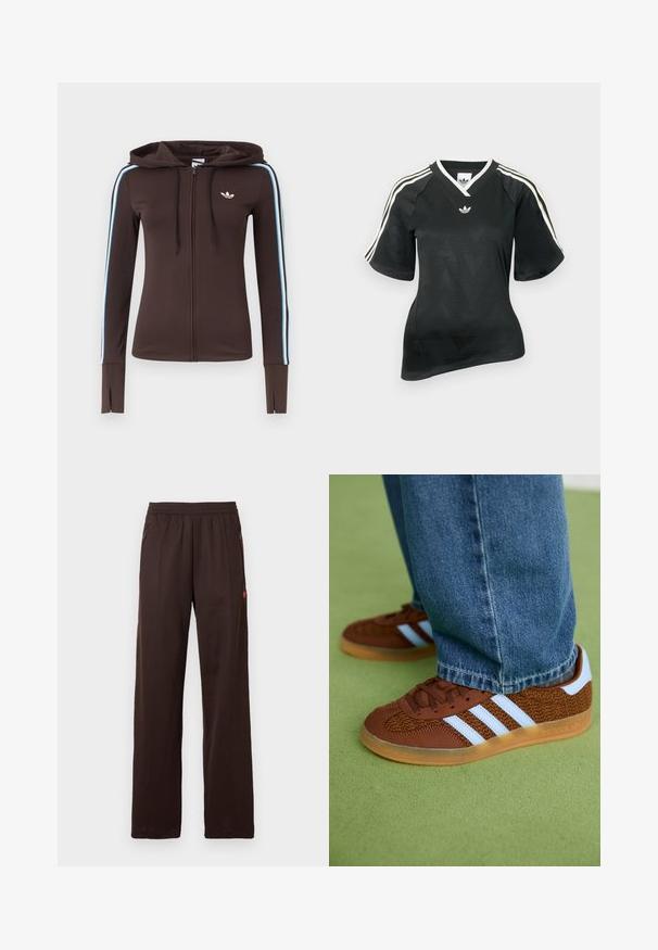 Sudadera con capucha marrón con cremallera completa, con rayas azules y blancas en las mangas, aberturas para los pulgares en los puños, logo de Adidas en el pecho y capucha ajustable con cordón.; Camiseta deportiva negra con escote en V, mangas cortas y patrón de cheurón texturizado. Presenta detalles de tres franjas blancas en los hombros y logo.; Pantalones de pierna ancha marrón oscuro con cintura elástica y bolsillos laterales con cremallera, con un sutil detalle de logo rojo en la parte superior del muslo.; Zapatillas Adidas marrones con rayas blancas y suelas de goma, combinadas con jeans azules sobre una alfombra verde.