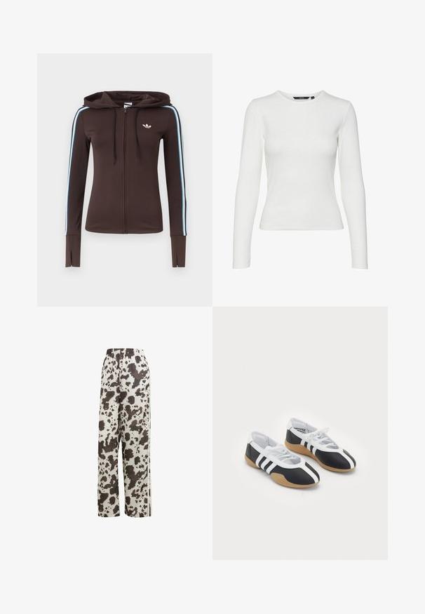 Sweat à capuche marron à fermeture éclair complète avec des rayures bleues et blanches sur les manches, des trous pour le pouce aux poignets, le logo Adidas sur la poitrine et une capuche ajustable avec cordon de serrage.; Chemise blanche à manches longues en tissu côtelé, dotée d'un col rond et d'une coupe ajustée. Aucun motif ni accent visible.; adidas Originals COW PRINT SATIN WIDE LEG - Pantalon de survêtement - multicolor off white; Baskets de sport noir et blanc au design élégant, semelle en caoutchouc, fermeture à lacets et trois rayures blanches sur les côtés.