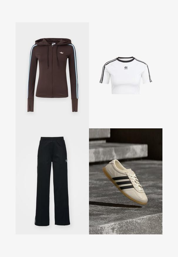 Ruskea vetoketjullinen huppari, jossa siniset ja valkoiset raidat hihoissa, peukaloaukot hihoissa, Adidas-logo rinnassa ja säädettävä kiristysnauha hupussa.; Valkoinen lyhythihainen t-paita, joka on valmistettu puuvillasta, ja siinä on mustat korostusraidat hihoissa, pyöreä kaula-aukko ja pieni brodeerattu logo rinnassa.; Mustat urheiluhousut, joissa on rento istuvuus, kiristysnyöri vyötäröllä, sivutaskut vetoketjulla ja hillityt valkoiset logot vasemmassa jalassa.; Valkoinen lenkkari mustilla raidoilla ja kumipohja leijuu betoniporrasten yllä pehmeässä päivänvalossa.