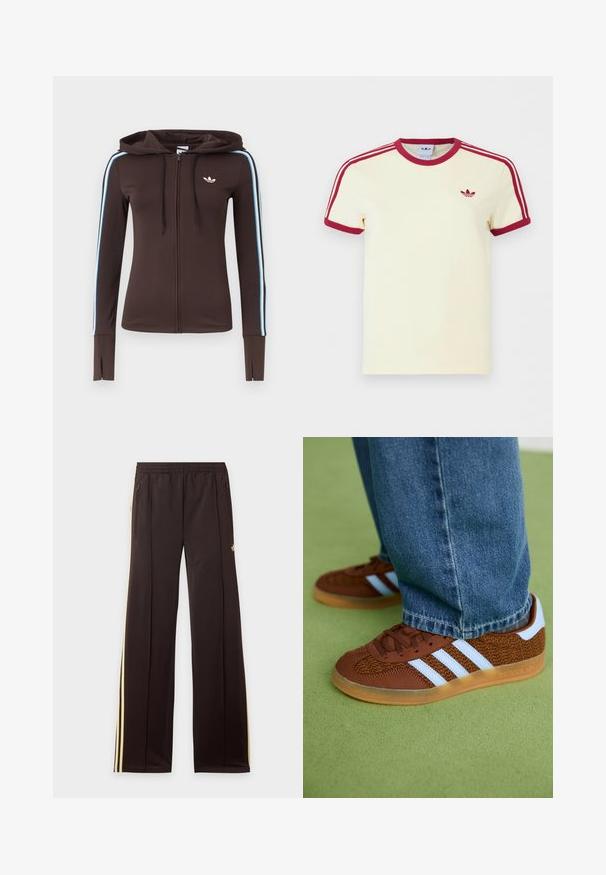 Hnedá mikina na zips s modro-bielymi pásikmi na rukávoch, otvorom na palec na manžetách, logom Adidas na hrudi a nastaviteľnou kapucňou so sťahovacou šnúrkou.; Krémové krátke tričko Adidas s červeným rebrovaným golierom, koncami rukávov, tromi červenými pruhmi na ramenách a červeným logom Adidas trefoil na hrudi.; Čierne tepláky so žltými bočnými pruhmi, elastickým pásom, bočnými vreckami na zips a malým logom na hornej časti stehna.; Hnedé tenisky Adidas s bielymi prúžkami a hnedou gumovou podrážkou, obuté s modrými džínsami na zelenej koberci.
