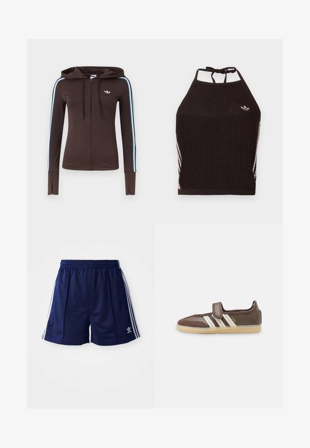 Brun hættetrøje med fuld lynlås med blå og hvide striber på ærmerne, tommelhuller ved manchetterne, Adidas-logo på brystet og justerbar snøre i hætten.; Sort mesh halter crop top med tekstureret design. Har pink accentstriber og en lille logo foran. Lukning med bånd bagpå.; Marine atletikshorts lavet af letvægtsmateriale, med hvide sidelister og et broderet logo nederst til venstre. Elastisk talje.; Brun sneaker med beige gummisål, tre hvide striber på siden og en enkelt velcrolukning over vristen.