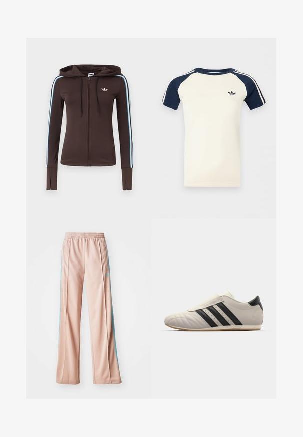 Sweat à capuche marron à fermeture éclair complète avec des rayures bleues et blanches sur les manches, des trous pour le pouce aux poignets, le logo Adidas sur la poitrine et une capuche ajustable avec cordon de serrage.; Chemise crème à manches courtes avec manches raglan bleu marine, rayures blanches sur les manches, et un petit logo Adidas noir sur la poitrine.; Pantalons de sport rose clair avec une coupe décontractée, dotés de bandes latérales bleues et d'une taille élastique à cordon. Fabriqués en tissu lisse et léger.; Baskets gris clair avec des rayures noires, bout arrondi, tige en cuir lisse, fermeture à bande Velcro et semelle en caoutchouc.