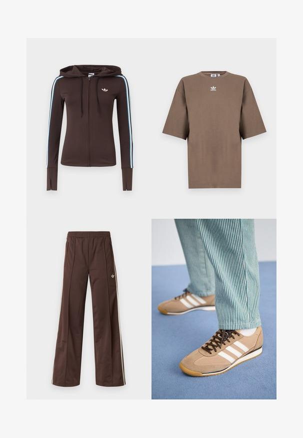 Sudadera con capucha marrón con cremallera completa, con rayas azules y blancas en las mangas, aberturas para los pulgares en los puños, logo de Adidas en el pecho y capucha ajustable con cordón.; Camiseta de algodón marrón con mangas cortas, cuello redondo y logo blanco de Adidas centrado en el pecho, con un diseño liso y un ajuste relajado.; Pantalones deportivos marrones con diseño de pierna ancha, franjas laterales blancas, cintura elástica y dos bolsillos laterales. Presentan un pequeño logo en la pierna.; Zapatillas de ante y malla color arena con cordones marrones y tres rayas blancas. Combinadas con pantalones a rayas verdes y blancas, descansando sobre una superficie azul.