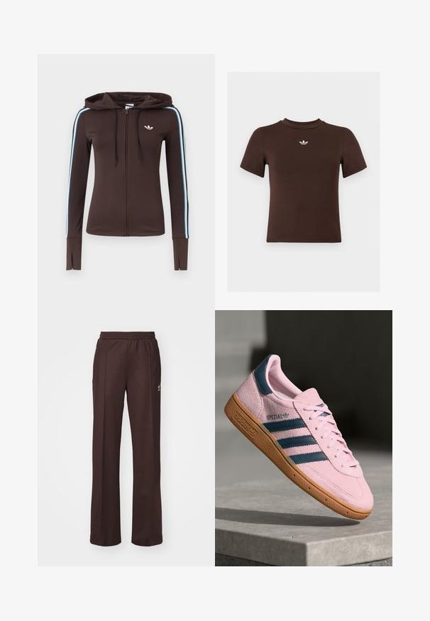 Brun hættetrøje med fuld lynlås med blå og hvide striber på ærmerne, tommelhuller ved manchetterne, Adidas-logo på brystet og justerbar snøre i hætten.; Brun tætsiddende t-shirt med korte ærmer og et lille hvidt Adidas-logo centreret under halsudskæringen.; Brune træningsbukser med elastisk talje, to sidelommer og et lille logo på venstre side, lavet af et blødt stof.; Lyserød ruskindssneaker med marineblå tre striber, gummisål og lyserøde snørebånd. Har "SPEZIAL"-branding på siden.