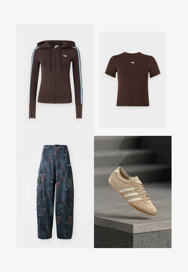 Bruine hoodie met volledige ritssluiting, blauwe en witte strepen op de mouwen, duimgaten bij de manchetten, Adidas-logo op de borst en verstelbare capuchon met trekkoord.; Bruine aansluitende T-shirt met korte mouwen en een klein wit Adidas-logo het midden onder de halslijn.; Camo cargobroek in donkergroen en bruin, met meerdere zakken en een losse pasvorm, gemaakt van lichtgewicht, duurzaam materiaal.; Lichtbeige sneaker met drie witte horizontale strepen, bovenwerk van suède en een rubberen gumzool, met een logo aan de zijkant.