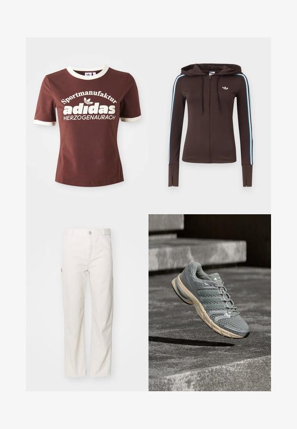 Pruun täisspikritega kapuutsiga dressipluus siniste ja valgete triipudega varrukatel, pöidlate jaoks avadega varrukaotstes, Adidas logo rinnal ning reguleeritava nööriga kapuuts.; Pruun lühikeste varrukatega T-särk, millel on kreemivärvi krae ja varrukate ääred. Tootees on suur valge tekst, mis ütleb "Sportmanufactur adidas Herzogenaurach."; Valged puuvillased cargo püksid sirge säärega disainiga, küljetaskudega ja nööbiga vöökohtadel. Sile tekstuur.; Hall ja beež Adidas jooksujalanõu, õhus hallide betoonastmete kohal, millel on võrgutekstuuri ja polsterdatud tallaga.