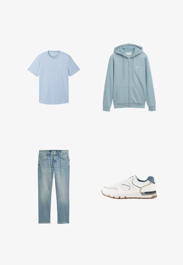Sudadera con cremallera de color azul claro, hecha de una tela suave, con un bolsillo frontal, capucha con cordón y un pequeño logo en el lado izquierdo del pecho.; Camiseta de manga corta azul claro hecha de tejido suave, con escote redondo y un pequeño logo en la parte izquierda del pecho. Textura lisa.; Jeans de denim azul claro con un ajuste slim, cierre frontal de botón y diseño de cinco bolsillos, mostrados de forma plana sobre un fondo blanco.; Zapatilla deportiva blanca y gris con detalles en azul, tejido de malla y suela marrón, con la marca "Tom Tailor" en el lateral.