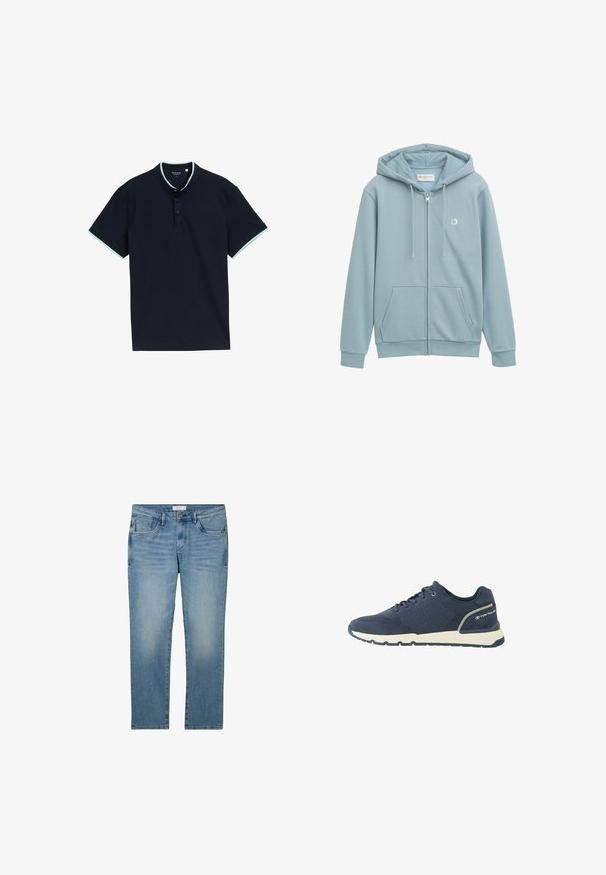 Lyseblå zip-up hoodie lavet af blødt stof, med en frontlomme, snoretræk i huen og et lille logo på venstre bryst.; Marineblå polo t-shirt med tekstureret stof, der har en stående krave, tre knapper og lyseblå detaljer på kraven og ærmerne.; Blå denimjeans med lige ben-design, der har fem lommer og en falmet finish. Stoffet har en glat tekstur og let stræk.; Mørkeblå atletiksko med mesh-overdel, hvid sål, sort ydersål og "Tom Tailor"-logo på hælkappen.