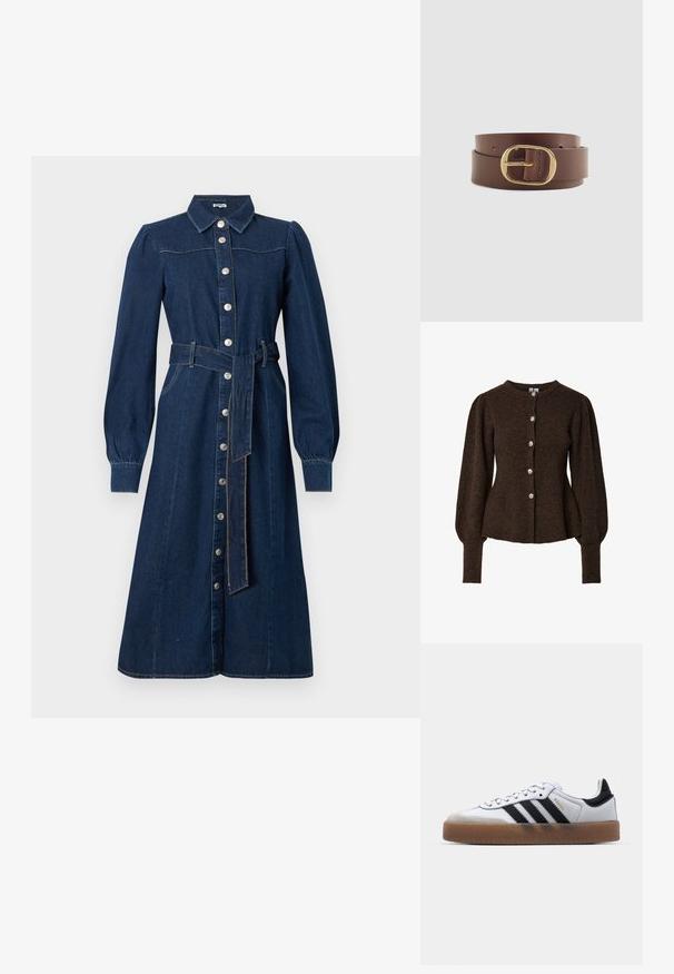 Cárdigan marrón acanalado con cuello redondo, mangas largas abullonadas y cinco botones decorativos en la parte delantera. Tejido de punto texturizado.; Vestido de denim azul oscuro con mangas largas, cierre de botones en la parte delantera, cuello y un cinturón a juego en la cintura; presenta costuras sutiles y bolsillos.; Zapatillas de cuero blancas con rayas negras, suela de goma, puntera redonda, cierre de cordones y caperuza de ante gris suave.; Cinturón de cuero marrón con una hebilla ovalada de oro, enrollado contra un fondo claro y liso.